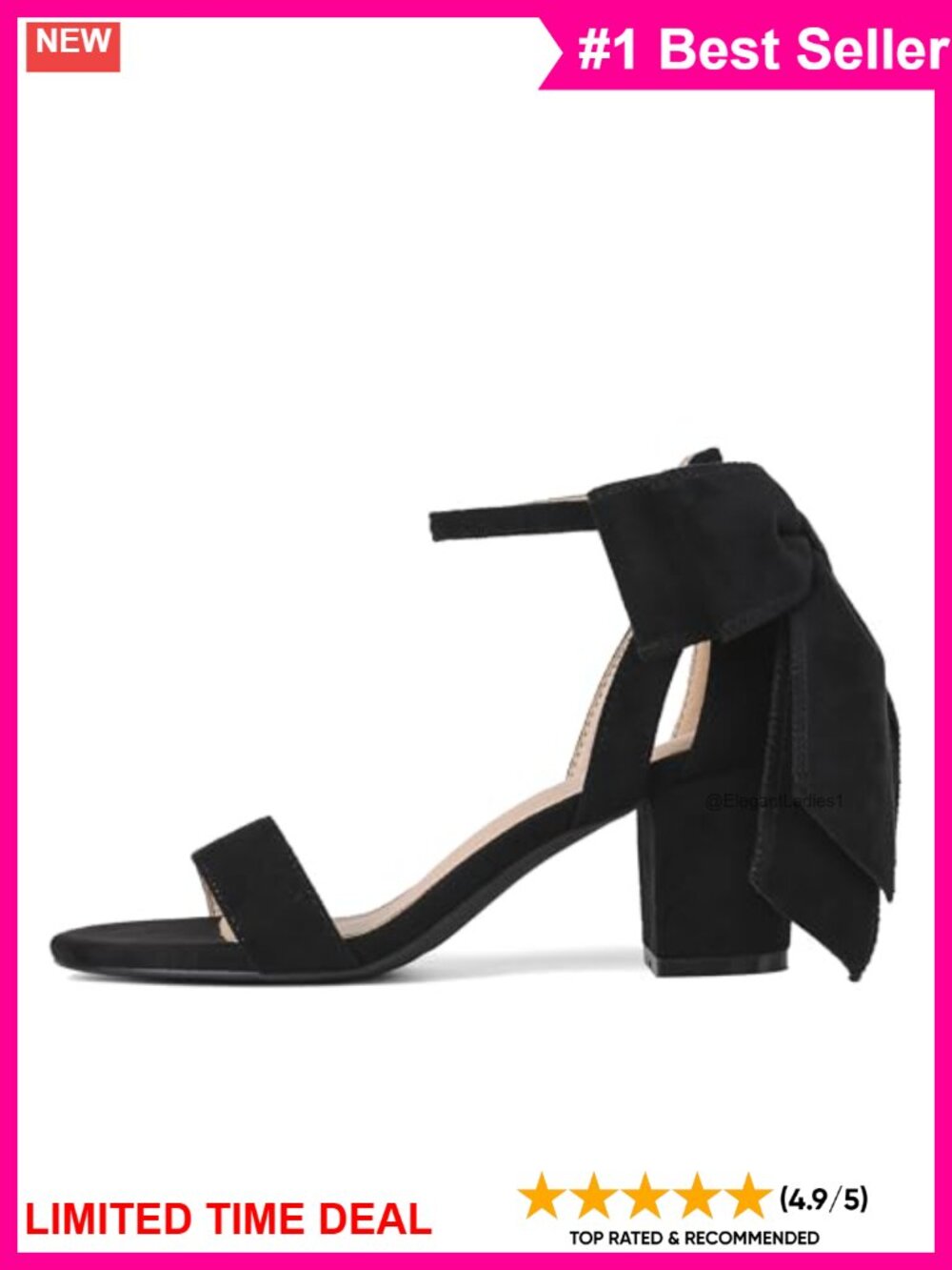 Women's Black Bow Heeled Sandals Chunky Block Heel Comfortable Wedding Shoes